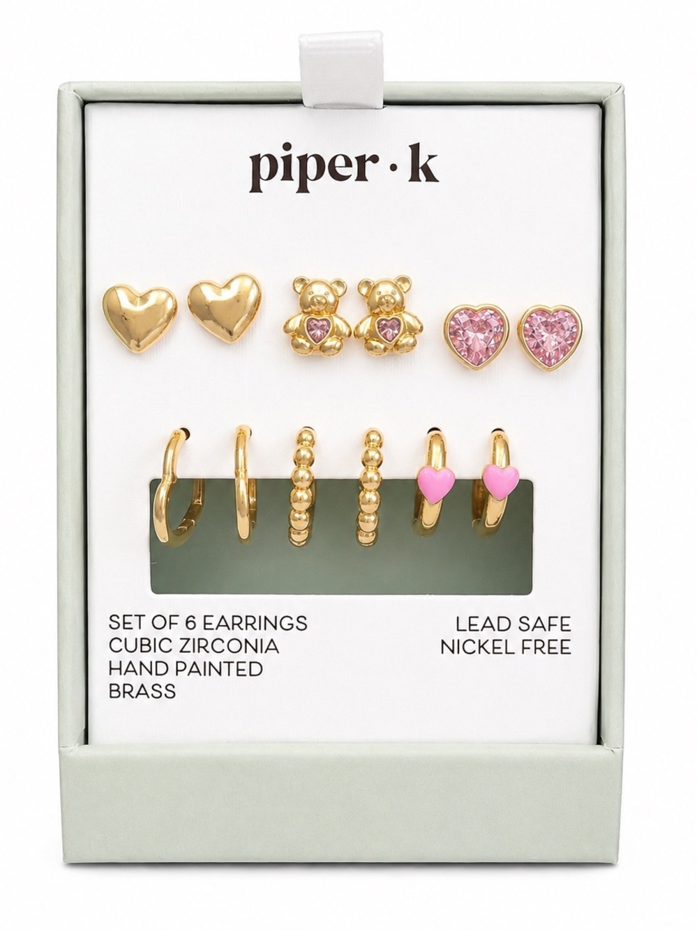 Piper K Coquette Kawaii Gold Heart Teddy Bear Pink CZ Earrings Gift Set NWT